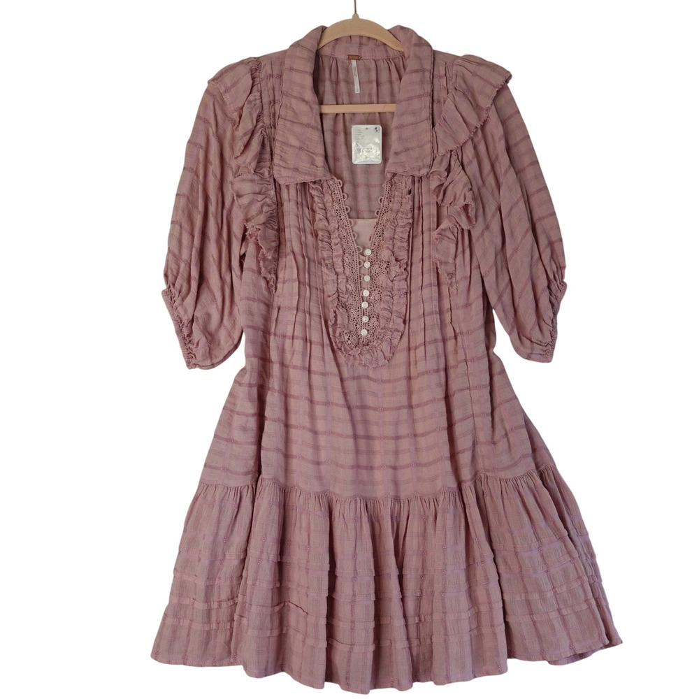 Free People Dress Womens S Mauve Pink Ruffle Mini Boho Cottagecore Romantic Chic